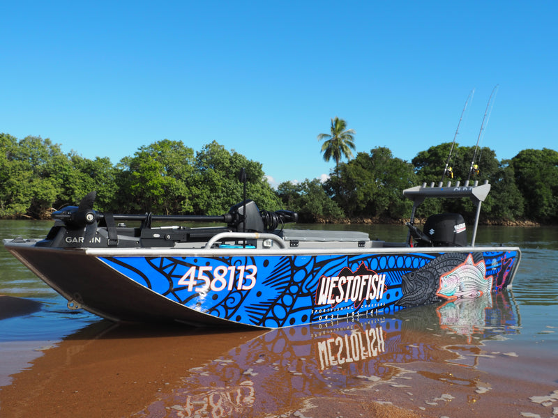 Blue Tribal Barramundi Boat Wrap