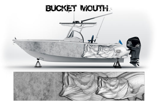 Illustration of a boat wrap with 'Bucket Mouth' branding on a white background