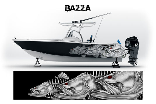 Boat wrap with 'BAZZA' branding and detailed fish graphics on a white background